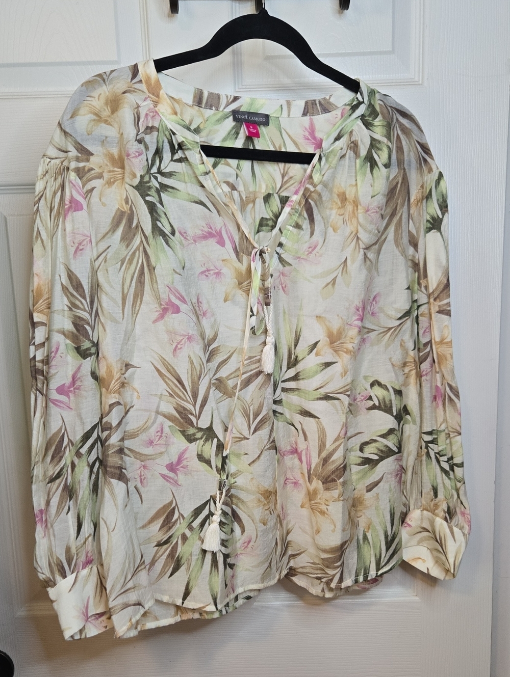 Vince Camuto Floral Tie-Detail Peasant Blouse in Cream, Green, Pink